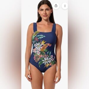 NWT Jantzen Palm Delight Hilda Glam Blue One-piece Swimsuit 10